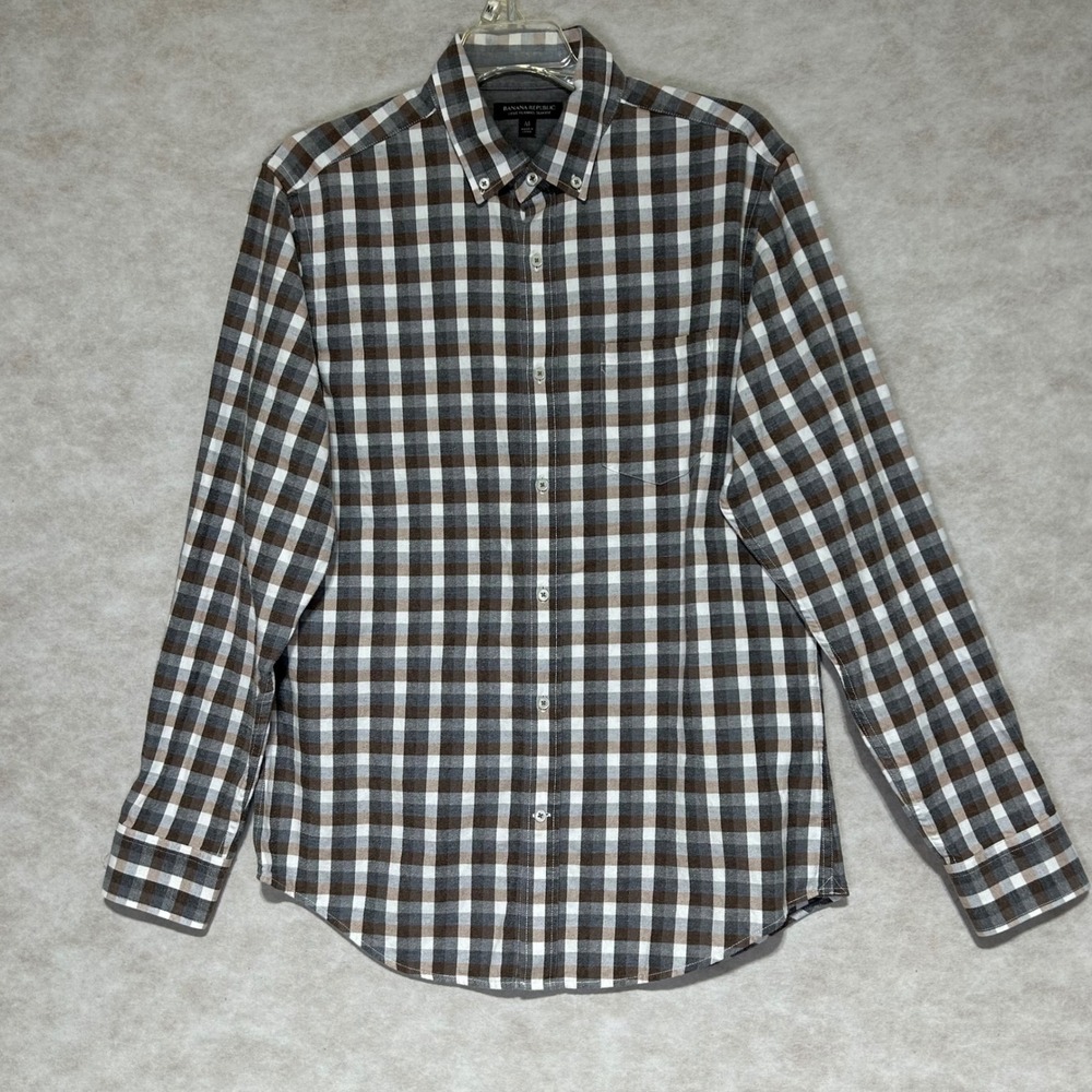 Banana Republic Luxe Flannel Slim Fit Shirt Mens Medium Brown Grey Plaid Cotton